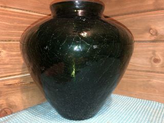 Large Crackle Art Glass Vase Dark Green 8 1/2 Inches 2