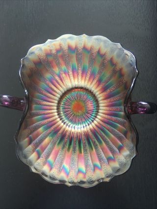 Fenton Stippled Rays Amethyst Carnival Glass Two - Handled Bon Bon Candy Dish