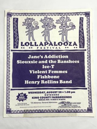 Orig 1991 Lollapalooza Festival Poster Flyer James Addiction Ice - T Violent Fems