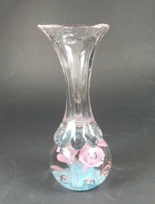 Hand Blown Clear Glass Pink And Flowers Bubbled Paperweight Vase 6 " Tall