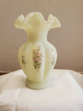 Vintage Fenton Custard Satin Uranium Glass Hand Painted Vase Artist Signed