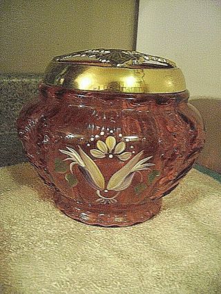 Fenton - D.  Cutshaw Hand Painted - Cranberry Jar With Brass Lid -