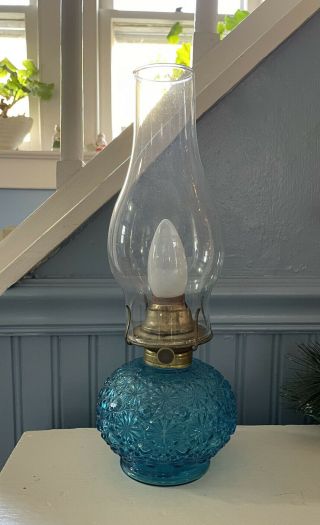 Vtg Le Smith Daisy And Button Blue Glass Hurricane Oil Lamp Electrified