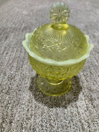 Vintage Carnival Glass Candy Dish With Lid Vaseline Glass,  Opalescent Scallop