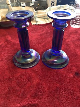 Hair Of Blue Carnival Glass Taper Candle Holders 6 Inch.  37