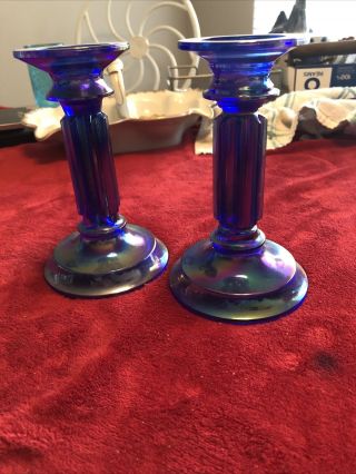 Hair Of Blue Carnival Glass Taper Candle Holders 6 Inch.  37 2
