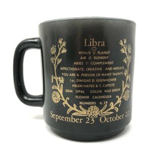Vtg Glasbake Libra Zodiac Astrology Coffee Mug Black Gold Milk Glass
