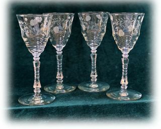 4 Libbey Rock Sharpe Halifax Wine Glasses Stems 3005,  Gray Cut Floral
