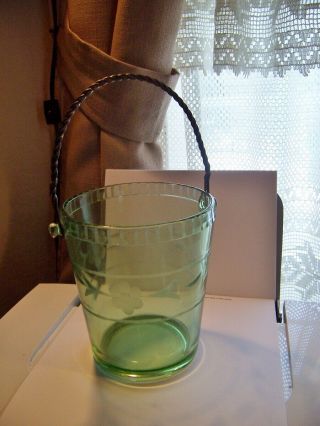 Vintage Green Depression Glass Ice Bucket Etched Flower Twist Metal Handle