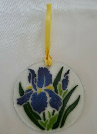 Peggy Karr Fused Art Glass Sun Catcher Iris Flower Ornament 3 1/4 " Signed