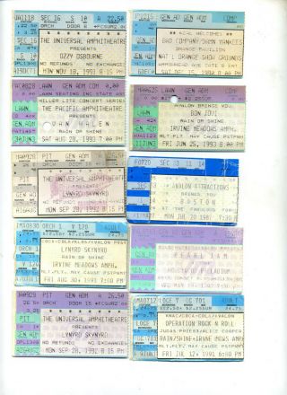 (10) Vintage 1987 - 1992 Concert Stubs: Ozzy Van Halen Pearl Jam Skynrd Judas Prie