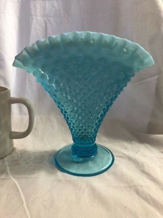 Vintage Fenton 8” Blue Opalescent Hobnail Fan Vase