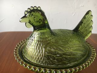 Vintage Indiana Glass Hen On Nest Green Avocado Olive Chicken Covered Candy Dish