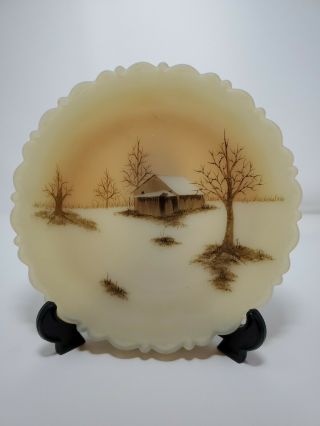 Fenton Art Glass Hand Painted Cabin Custard 8 " Plate Guc