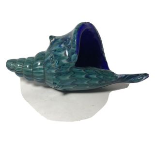 Vintage Hand Blown Art Glass 8” Conch Shell In Greens & Blues