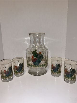 Vintage Anchor Hocking Rooster Morn 5 Piece Juice Set Morning Country Kitchen