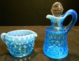 Vintage Fenton Hobnail Blue Opalescent Glass Cruet W/ Stopper & Creamer Excell