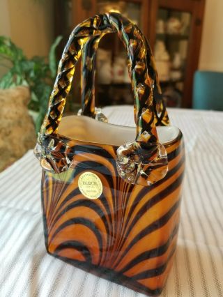 Block Crystal Handbag With Handles Mouth Blown Hand Crafted Tiger Stripe