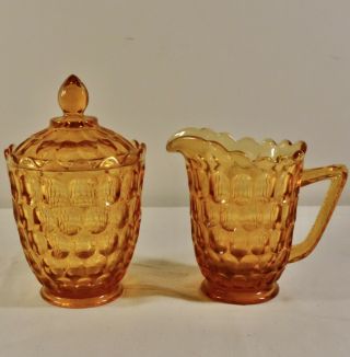 Vtg.  Fenton Glass Thumbprint Colonial Amber Honeycomb Creamer & Sugar W/ Lid