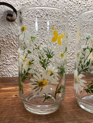 Set Of 4 Vintage Libbey White & Yellow Daisy & Butterfly Tumblers 12 Oz
