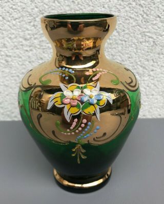 Vintage Czech Bohemian Moser Green Glass Vase Enameled Flowers And Gold Plated