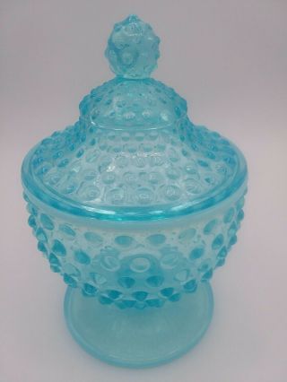 Vintage Fenton Aqua Blue Opalescent Candy Dish And Lid Cover Hobnail Glass