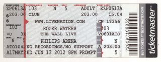 Rare Roger Waters 6/13/12 Atlanta Ga The Wall Live Full Ticket Pink Floyd