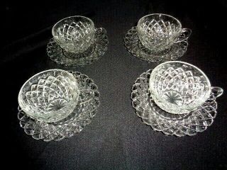 Waterford Waffle Depression Glass Cups & Saucers Anchor Hocking Set Of 4