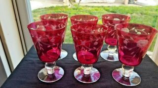 Vintage Cranberry Cut To Clear Roses Glass Wine Goblets With Clear Stems