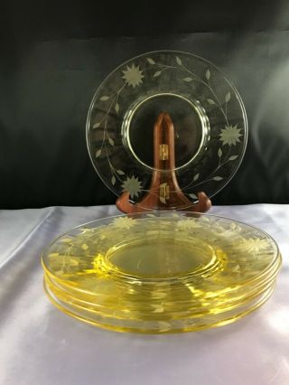 Vintage Yellow Depression Glass 8” Salad Plates W/ Etched Flowers - Set Of 5