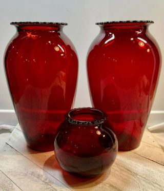 Vintage Anchor Hocking Set Of 3 Royal Ruby Red Vases - 2 - 9 " & 1 - 4 " Ivy Ball