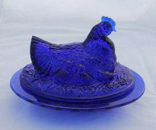 Cobalt Blue Glass Hen On Nest With Chicks In Basket Retro Depression Style