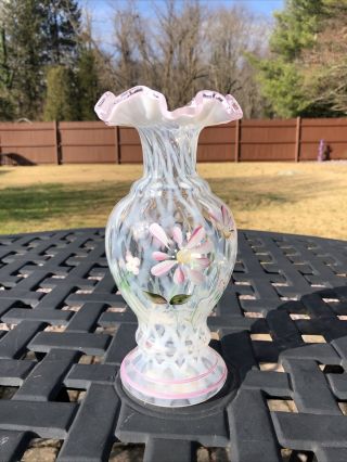 Fenton Art Glass Hand Painted Flowers Artist Signed Pink Fluted Vase