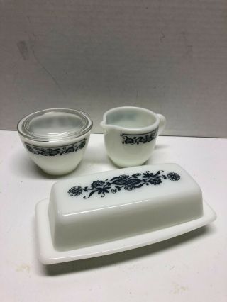 Pyrex Ovenware By Corning Blue Onion Butter Dish Creamer And Sugar Bowl With Lid