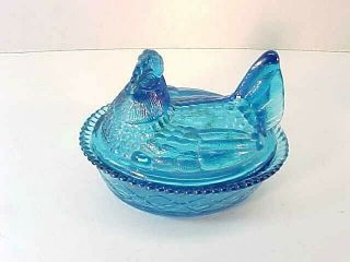 Sweet Vintage Turquoise Blue Glass Hen On Nest Candy Dish