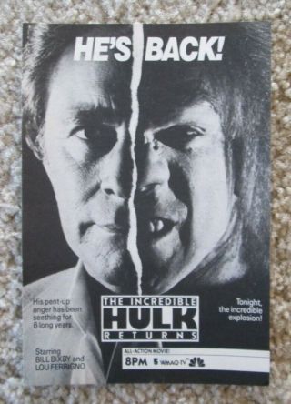 Bill Bixby & Lou Ferrigno The Incredible Hulk Returns 1988 Tv Guide Clipping