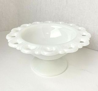 Vintage White Milk Glass Lace Edge Footed Compote Candy Relish Dish 6 1/4 "