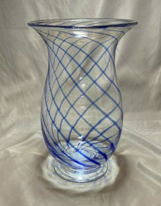 Lovely Large Hand Blown Blue And Clear Swirl Art Glass Vase 9 1/2 " Tall
