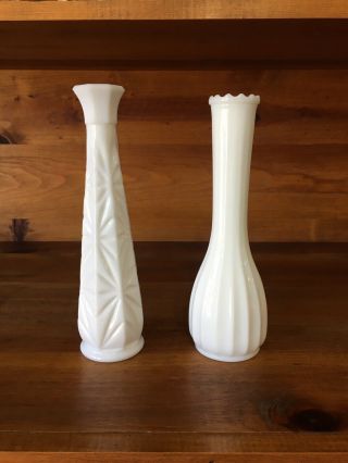 Vintage Set Of (2) White Milk Glass Flower Vases