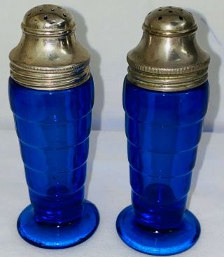Hazel Atlas Moderntone Cobalt Blue 4 1/4 " Salt & Pepper Shakers 2