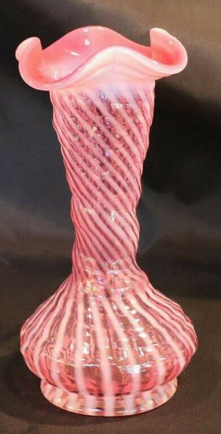 Vintage Fenton Art Glass - Cranberry Pink Opalescent - Optic Spiral - Crimped Top Vase