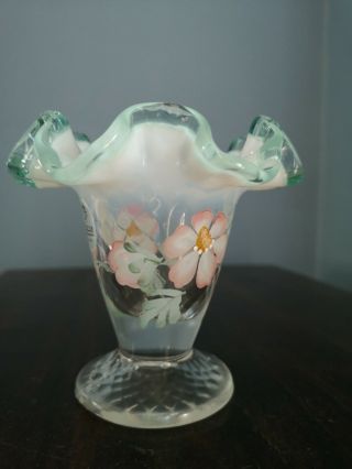 Vintage Fenton Glass Ruffled Rim Vase Handpainted Signed By Artist
