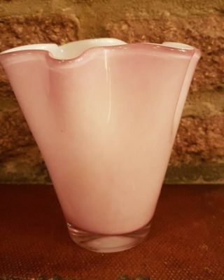 Vintage Murano Pink & White Glass Hankerchief Vase 12cm Tall