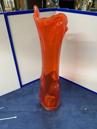Vintage Mid Century Modern Tipped Orange Red Hand Blown Art Glass Vase 13 1/2”