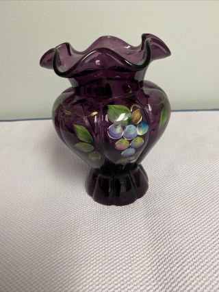 Fenton Art Glass Hand Painted Amethyst/purple Vase With Grapes Signed