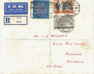 Nyasaland 1934 Kgv 2/ -,  1/ - & 2d On Zomba Airmail Cover To Brisbane Australia
