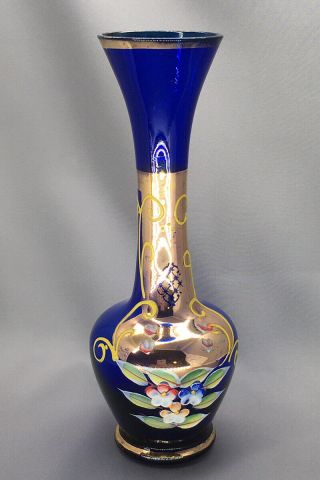 Vintage Cobalt Blue 8” Bohemian Glass Vase Hand Painted With Gold And Flowers