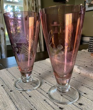 2 Lenox Etchings Cranberry Water Glasses Goblets Pink Crystal Euc Hand Blown