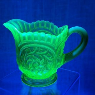 Vintage Green Uranium Glass Footed Creamer - Small Pitcher With Floral Pattern