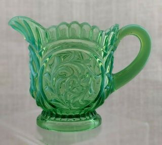 Vintage Green Uranium Glass Footed Creamer - Small Pitcher with Floral Pattern 2